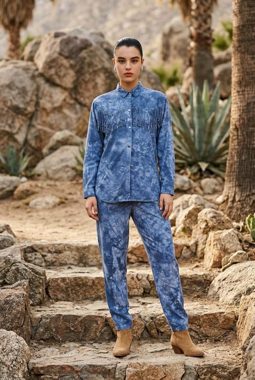 Brazilia 2-Piece Tie Dye Fringe Beaded Shirt and Pants Set, Size Small